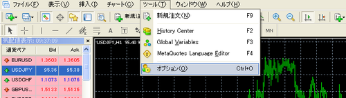 MetaTreder4の上部にある[ツール]から、[オプション]